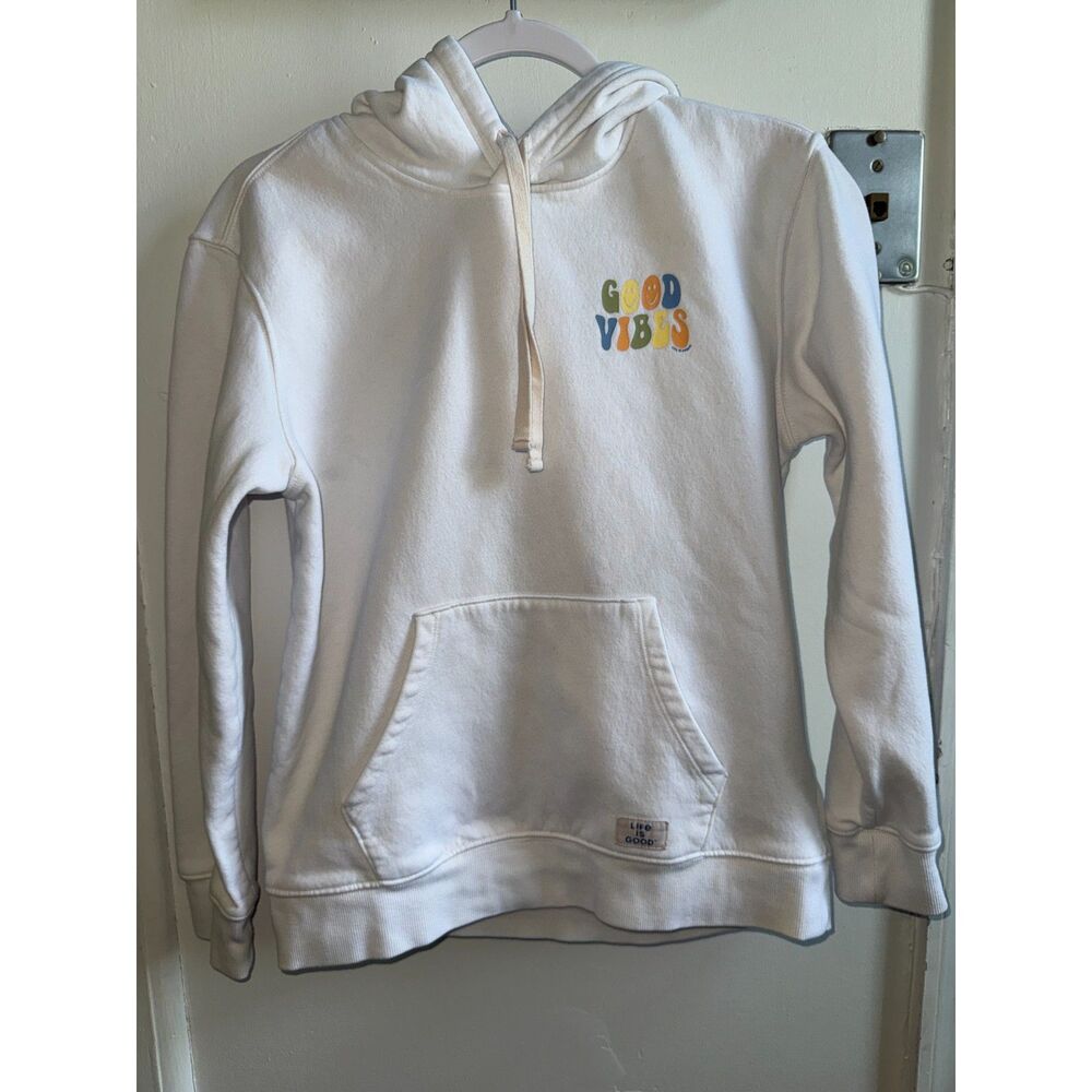 Life is Good Women Small Graphic Hoodie Good Vibes Smiley Face Cotton Blend